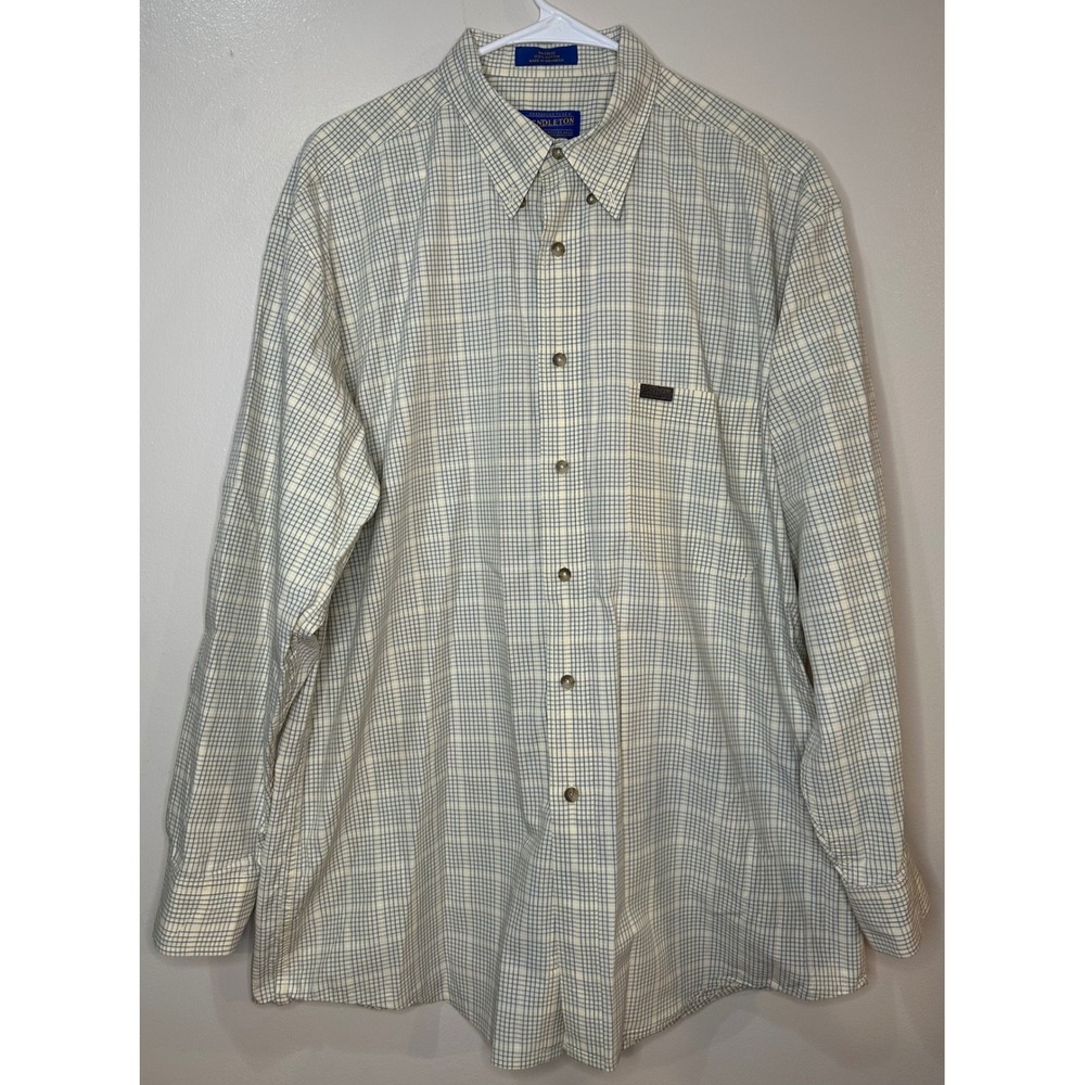 Pendleton Mens XL Long Sleeve Button Down Shirt 100% Cotton Grid Check Blue Tan